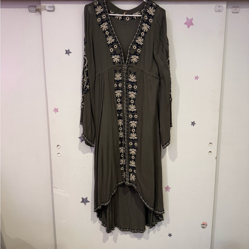 Free People Embroidered Khaki Green midi Dress
